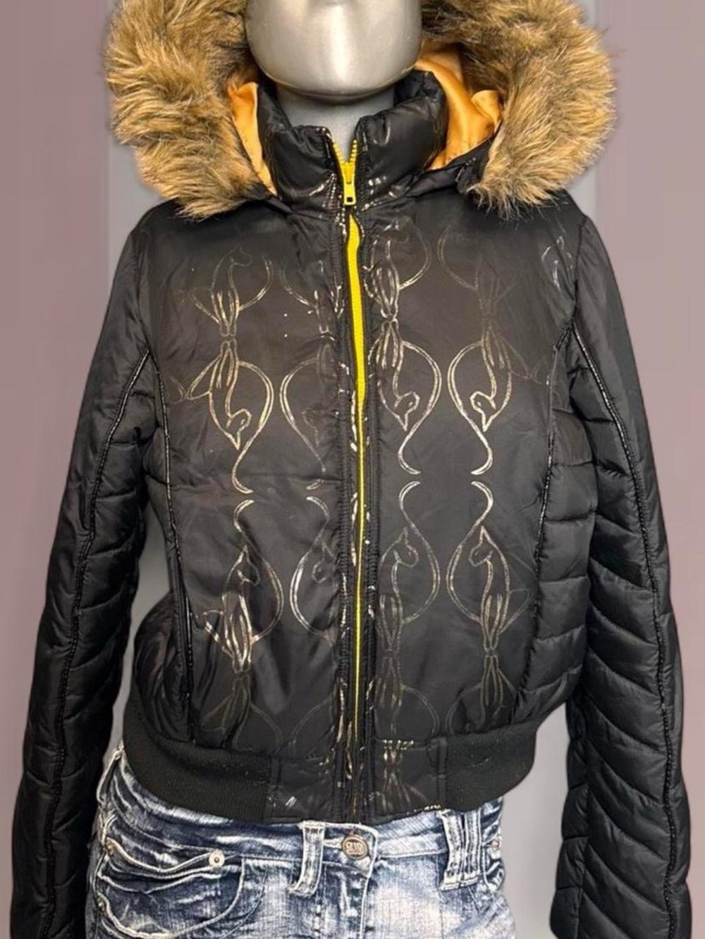 Baby Phat Vintage Y2K Black & Gold Faux-Fur Trim Puffer Jacket
